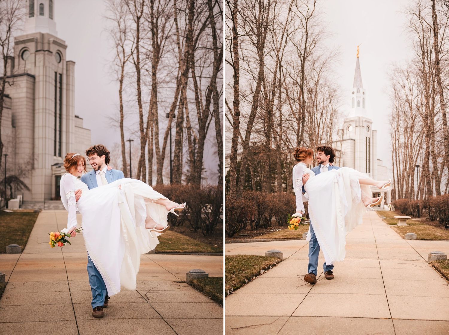 Bride and groom standing together on a pathway in front of a white church, posing for a portrait. Elopement at Boston Massachusetts Temple