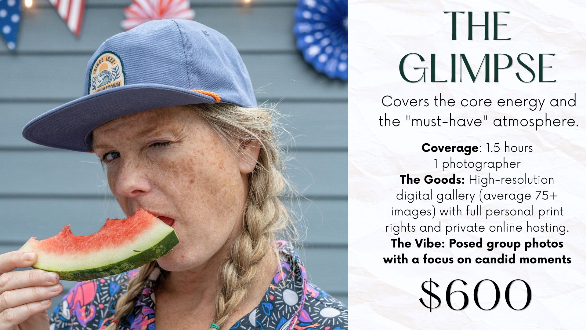Woman eating watermelon outdoors, promoting The Glimpse photography package at $600 covering 1.5 hours.