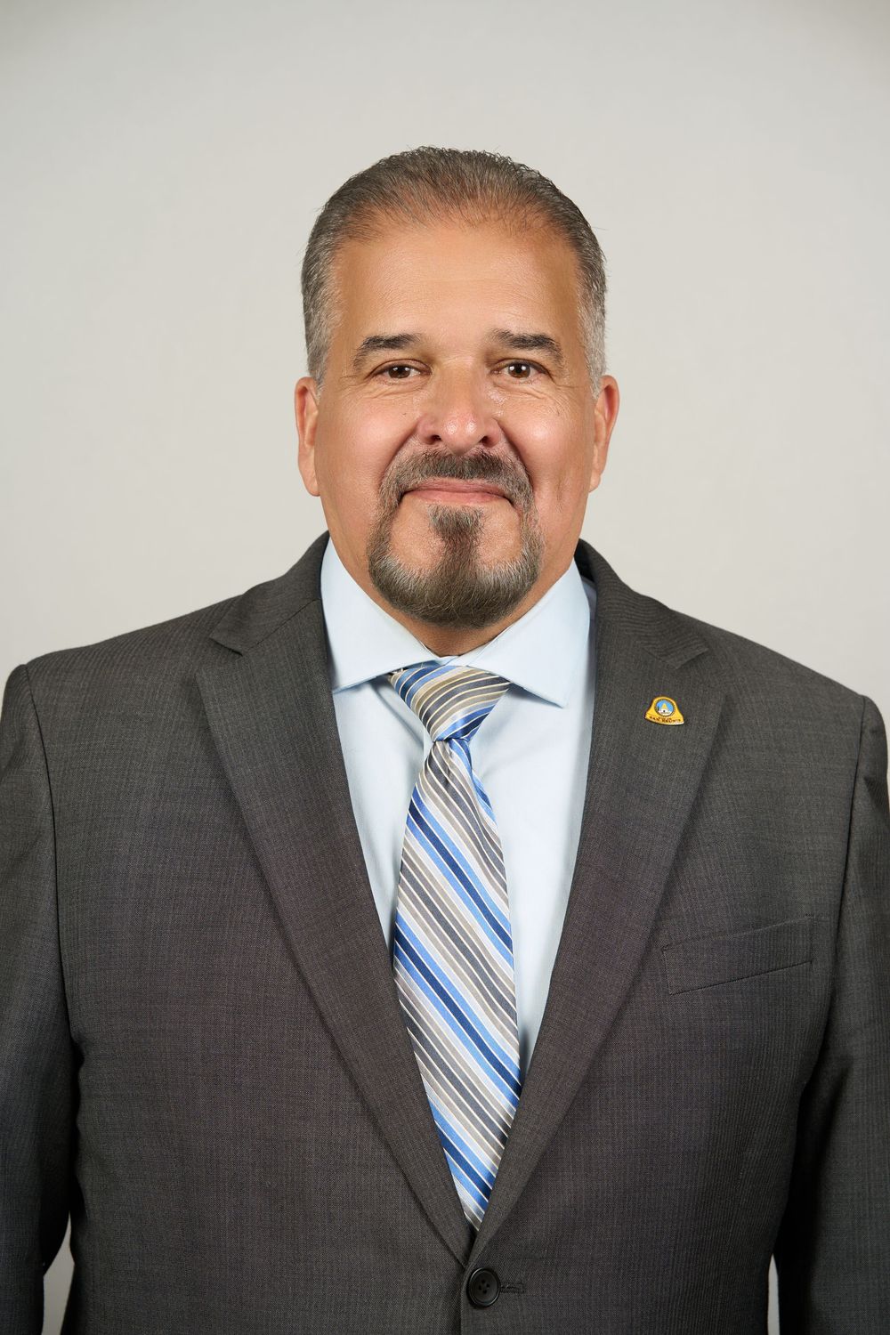 Professional headshot of a middle-aged man in a gray suit and striped tie, smiling confidently against a neutral background.