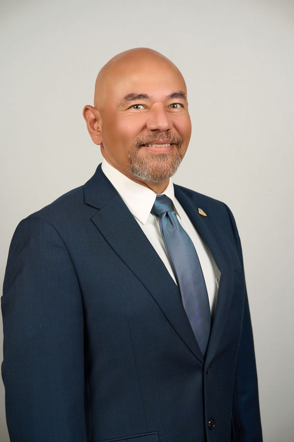Professional bald man with beard wearing navy blue suit and tie, smiling in formal business portrait photo.