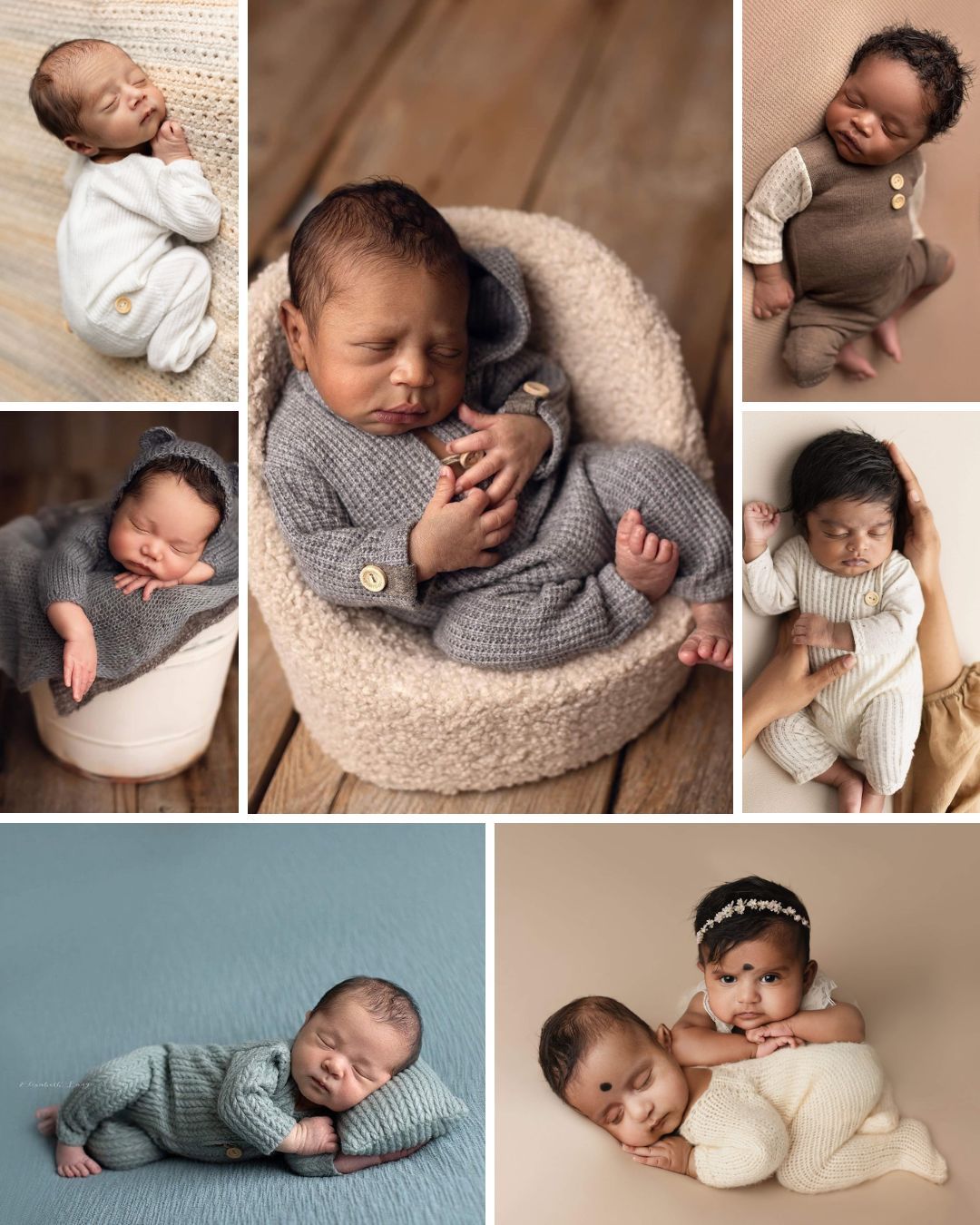 Newborn baby photo collage featuring seven sleeping and posed infants in neutral-toned outfits and soft studio settings.