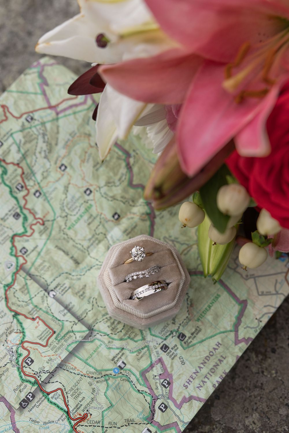 Wedding rings in a velvet box on a Shenandoah National Park map, surrounded by pink lilies and floral bouquet.