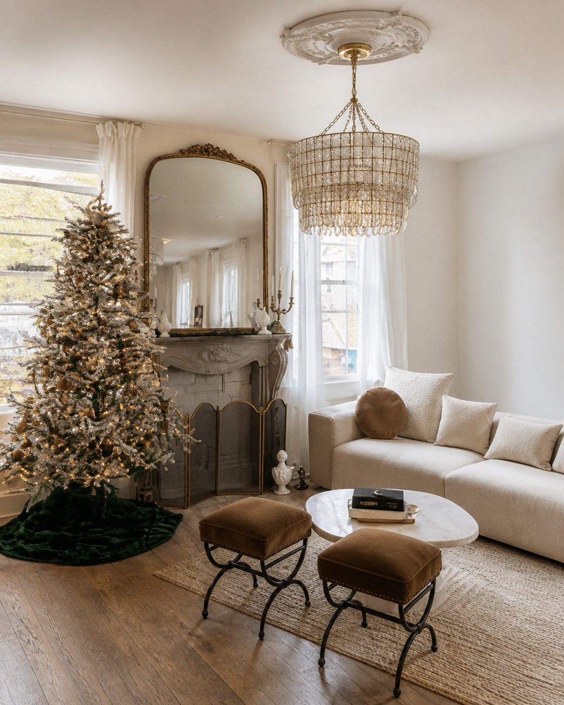 Elegant living room with flocked Christmas tree, gold mirror, crystal chandelier, cream sofa, and velvet ottomans on jute rug.