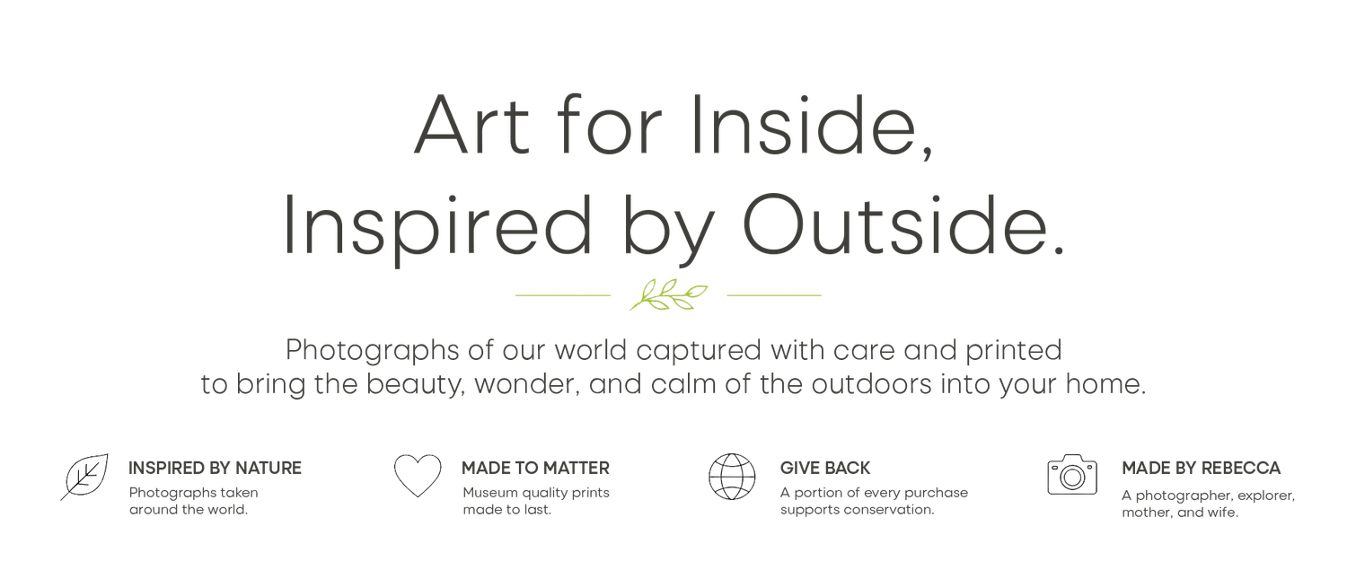 A banner showcasing brand values including nature-inspired, handmade, give back, and made by Rebecca icons with descriptive text.