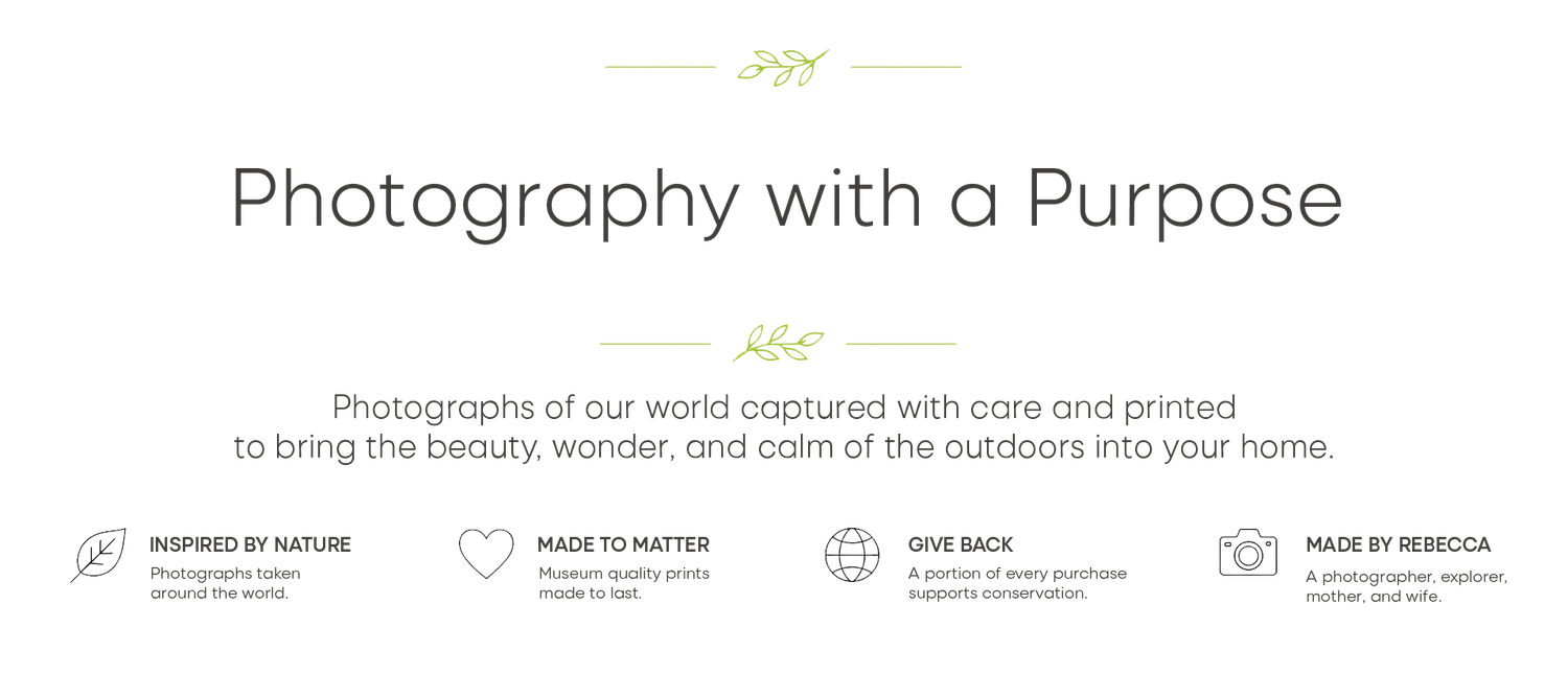 A banner showcasing brand values including nature-inspired, handmade, give back, and made by Rebecca icons with descriptive text.