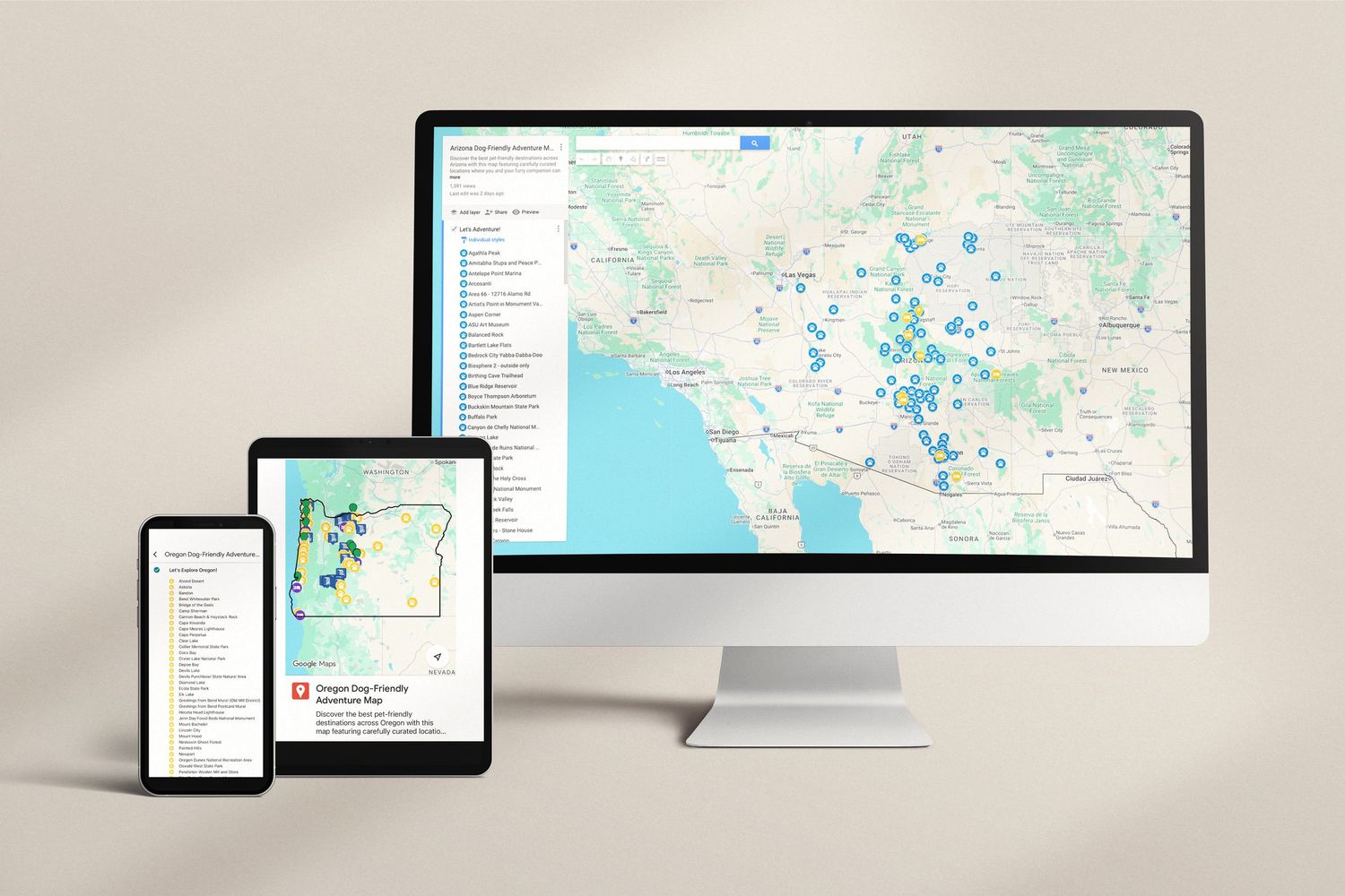 A mobile app interface showing an Arizona map with blue location pins and a scrollable list of destinations.