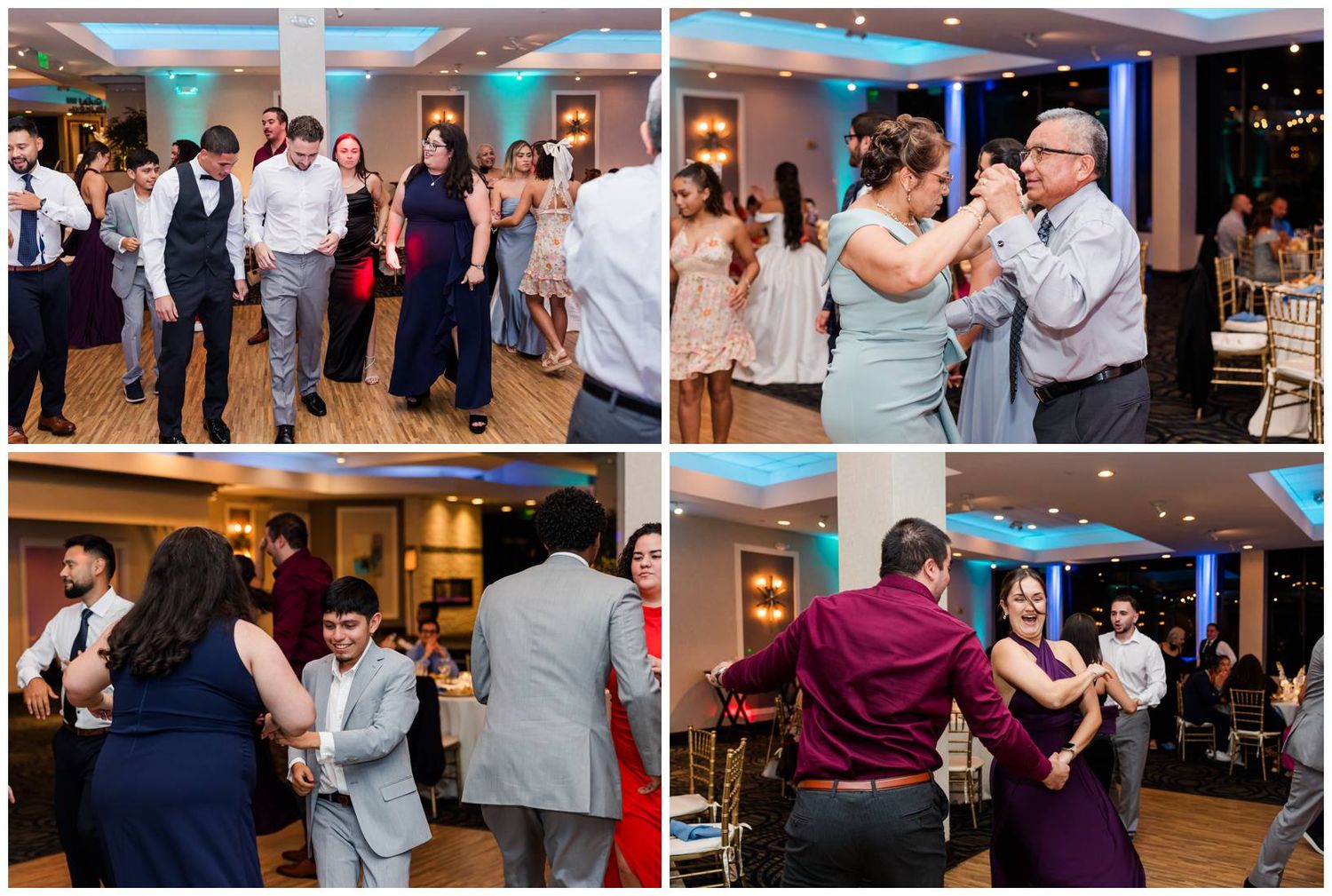 Lively wedding reception dance floor collage featuring guests dancing and celebrating under blue ambient lighting.