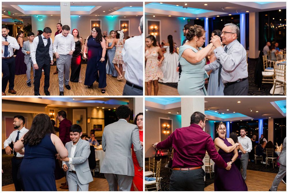 Lively wedding reception dance floor collage featuring guests dancing and celebrating under blue ambient lighting.