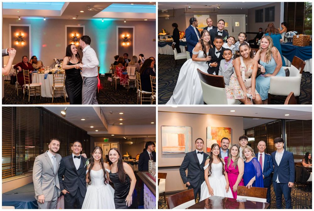 Wedding reception collage showing couple dancing, posing with guests, and celebrating with family and friends.