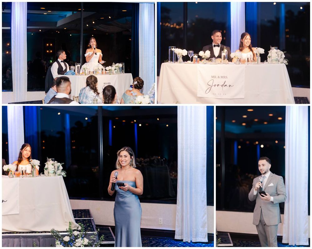 Wedding reception collage showing toasts and speeches by guests at an elegantly decorated venue with blue lighting.