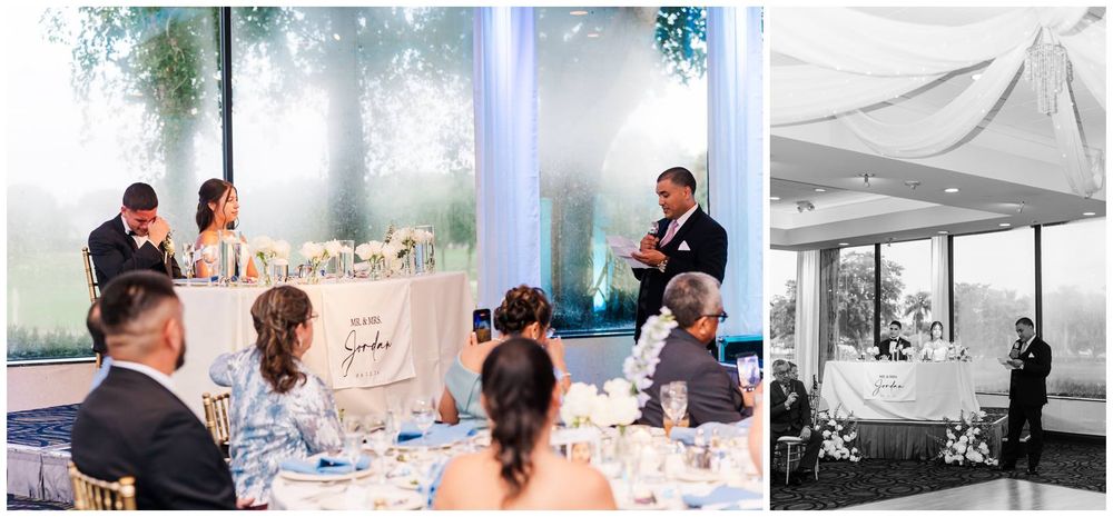 Wedding reception speeches and sweetheart table moments captured in black and white and color photos.