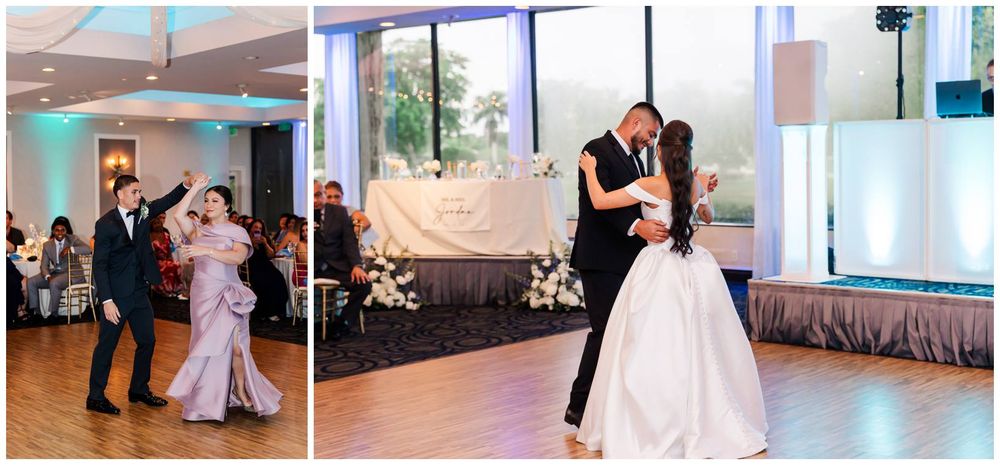 Bride and groom share their first dance while another couple dances joyfully at an elegant wedding reception.