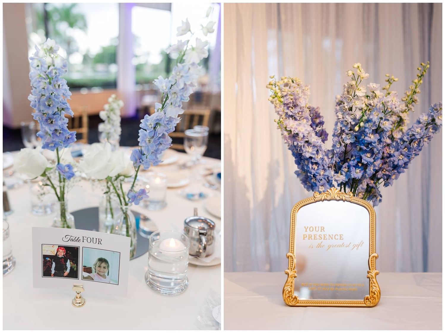 Elegant wedding reception centerpieces featuring blue and purple delphinium flowers in glass vases on white tablecloths.