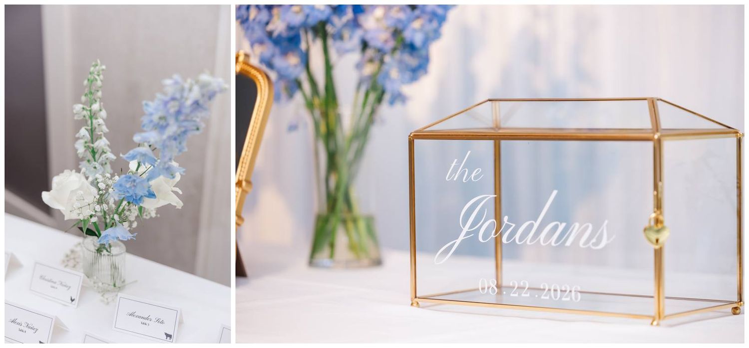 Gold geometric glass card box with the Jordans name beside blue floral arrangements.