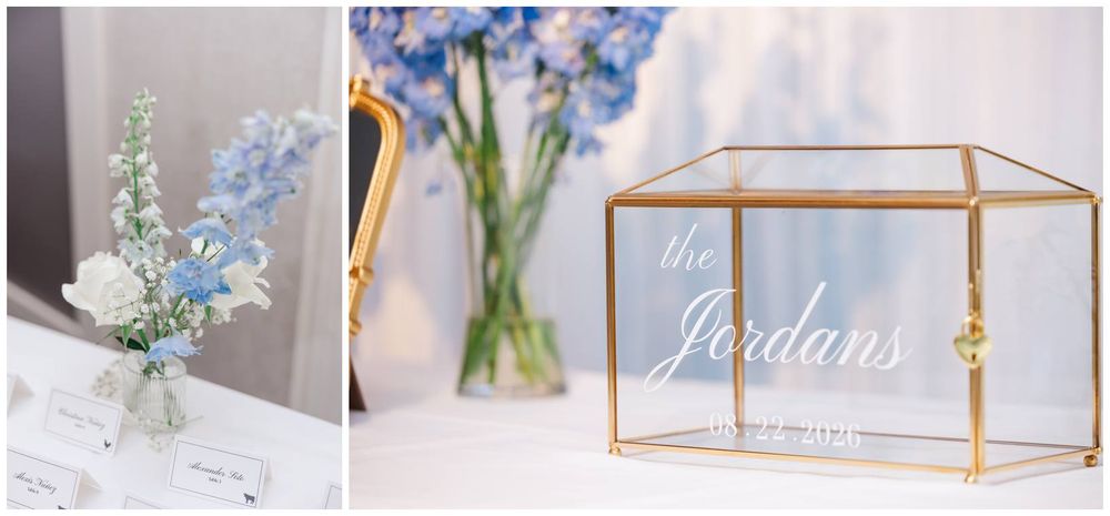Gold geometric glass card box with the Jordans name beside blue floral arrangements.
