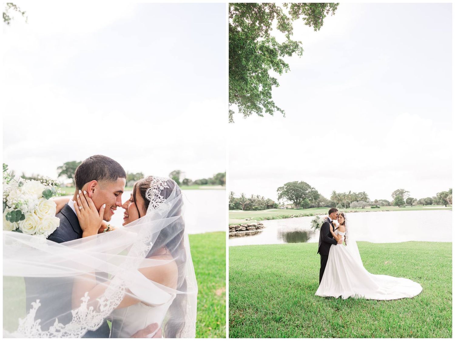 Bride and groom share an intimate moment under a flowing veil, with a second photo of them embracing near a lake.