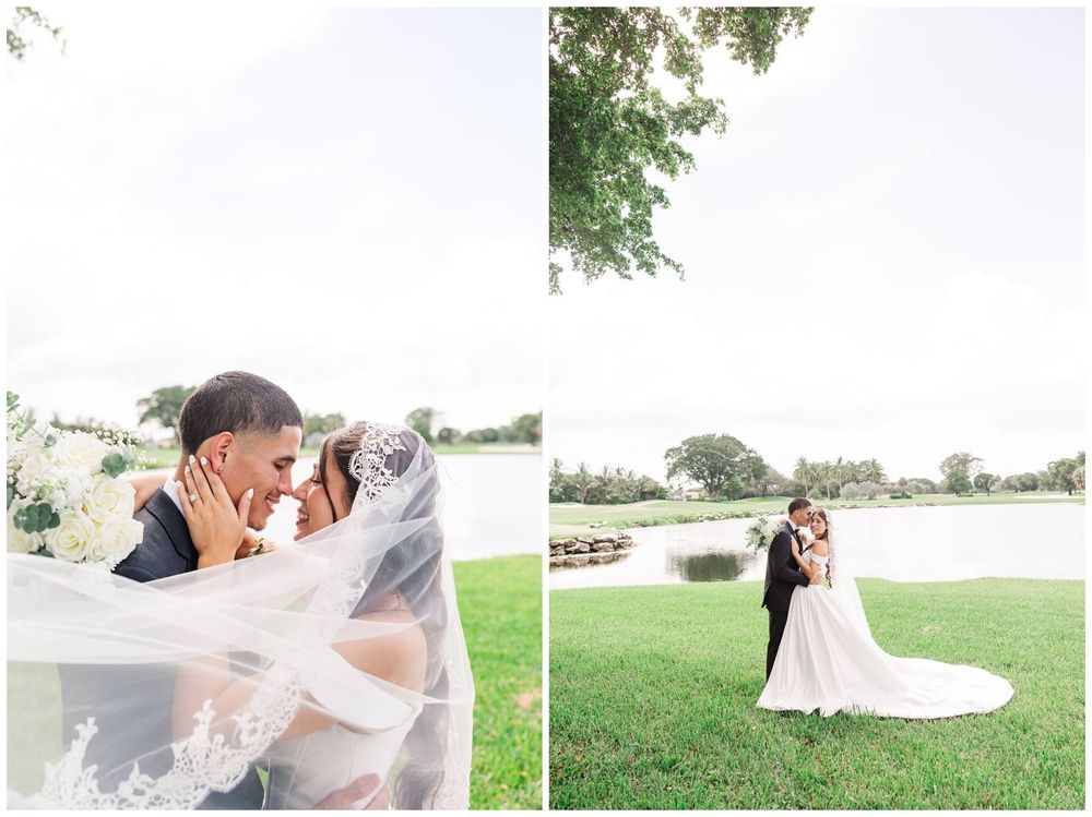 Bride and groom share an intimate moment under a flowing veil, with a second photo of them embracing near a lake.