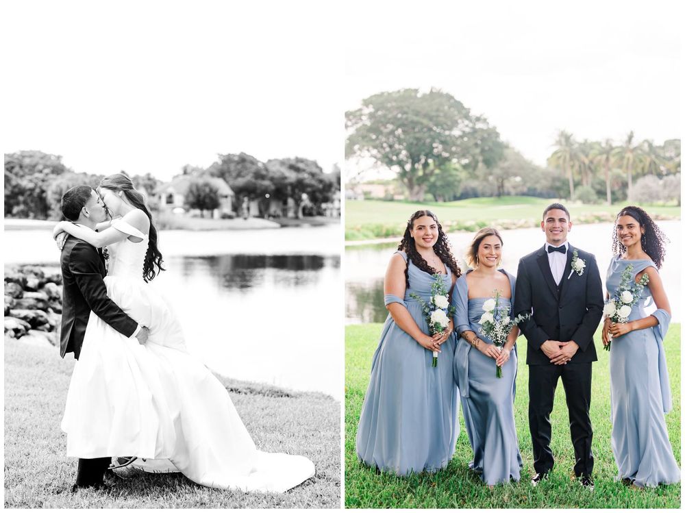 Black and white photo of bride and groom kissing by a lake, alongside a color photo of bridesmaids and groomsman posing outdoors.