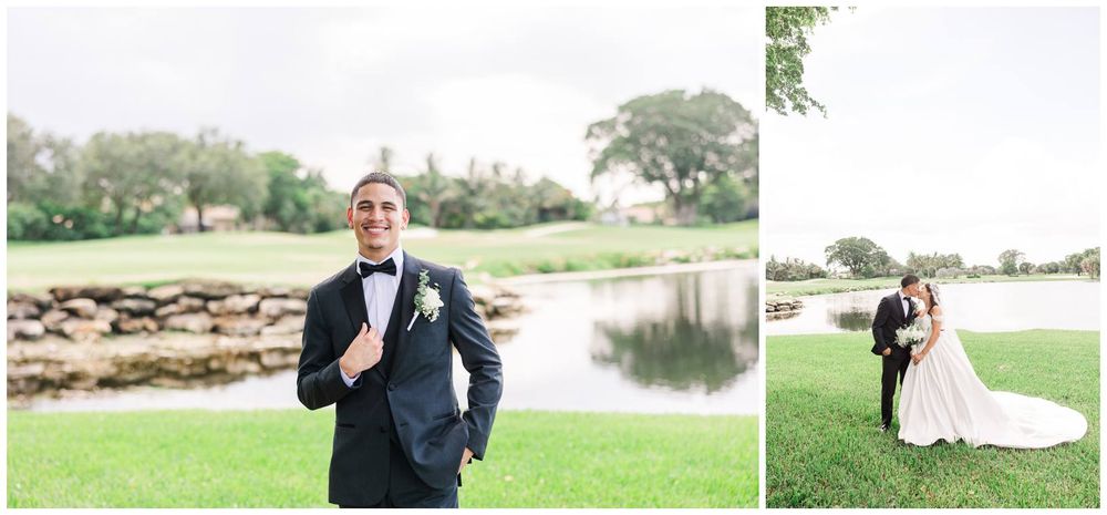 Groom in navy tuxedo stands by pond, bride and groom embrace on lush green golf course in elegant outdoor wedding portraits.