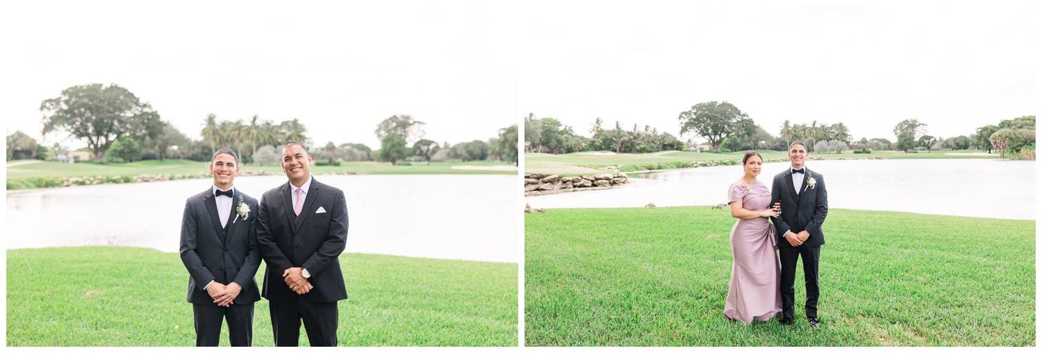 Groomsmen in gray and black suits pose with a bridesmaid in lavender beside a scenic pond backdrop.