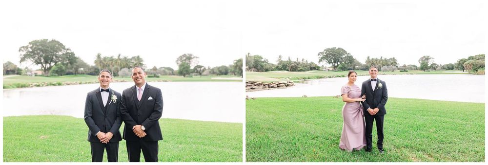 Groomsmen in gray and black suits pose with a bridesmaid in lavender beside a scenic pond backdrop.