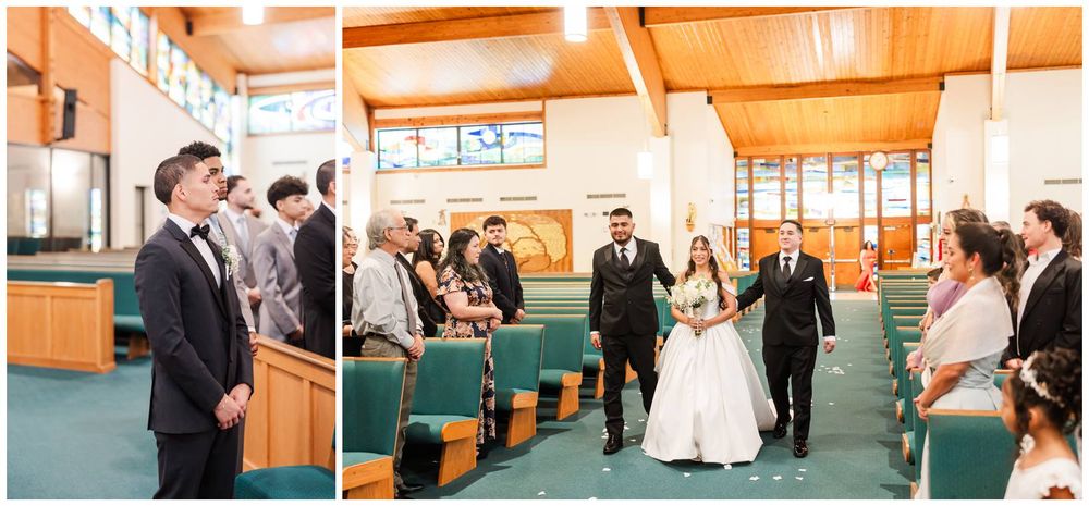 Bride walks down the aisle with escort in a church wedding ceremony with green pews and groomsmen waiting at the altar.