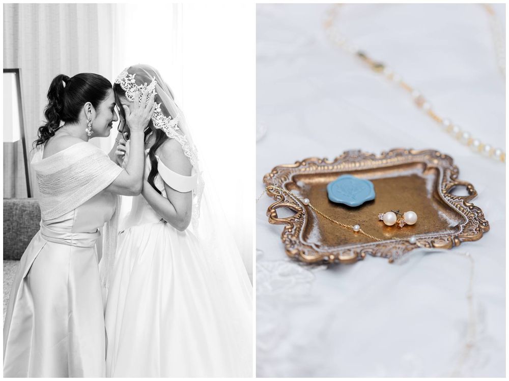Black and white photo of two brides sharing a tender moment, alongside a gold tray with pearl earrings and turquoise jewelry.