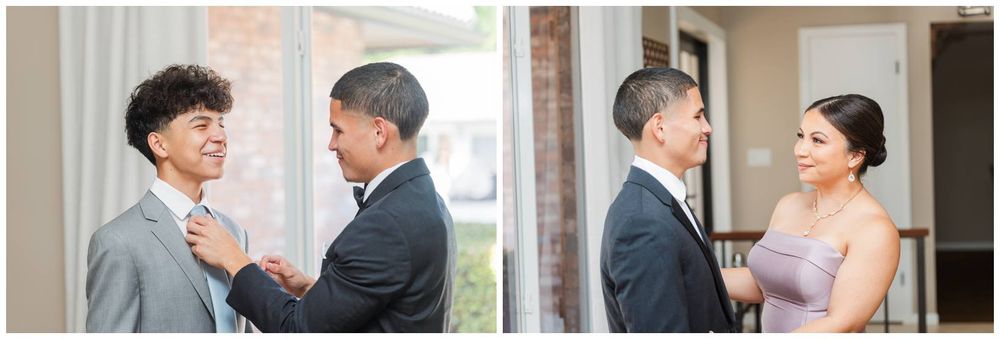 Two young men in suits adjusting ties before prom, and a young man in a suit with a woman in a lavender dress.