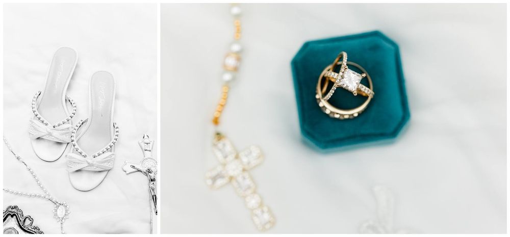 Elegant bridal flat lay featuring strappy heels, pearl rosary, gold diamond ring in teal velvet box, and delicate accessories.