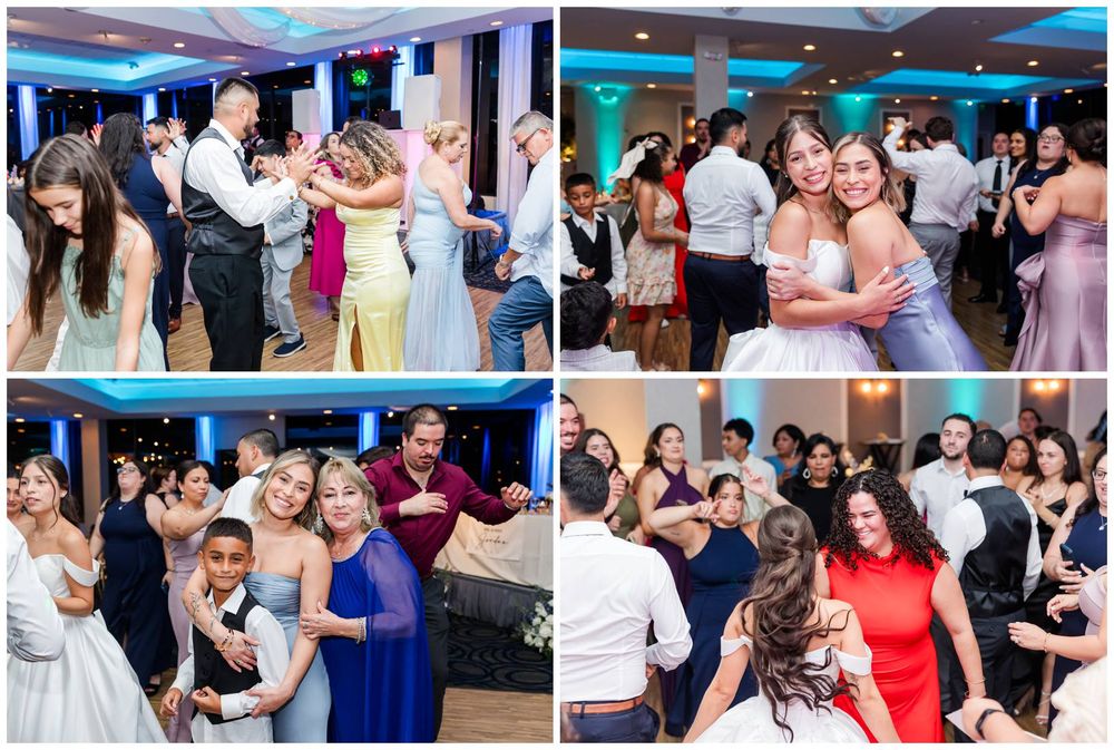 Collage of wedding reception guests dancing and celebrating on the dance floor with blue ambient lighting.