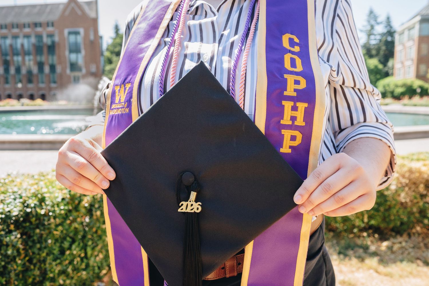University of Washington graduate cap, cords, and sash details.