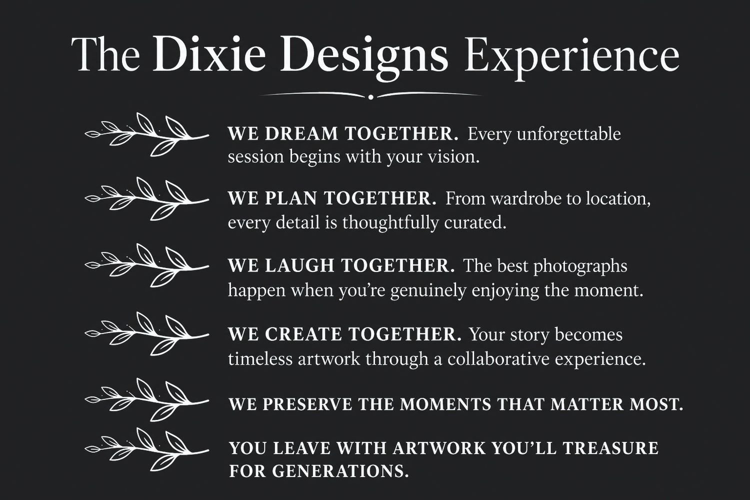 Dark promotional graphic for Dixie Designs featuring six collaborative brand values in white text on black background.