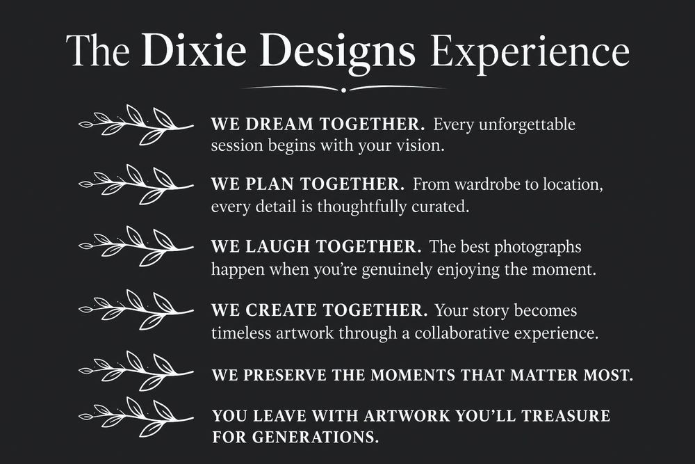 Dark promotional graphic for Dixie Designs featuring six collaborative brand values in white text on black background.