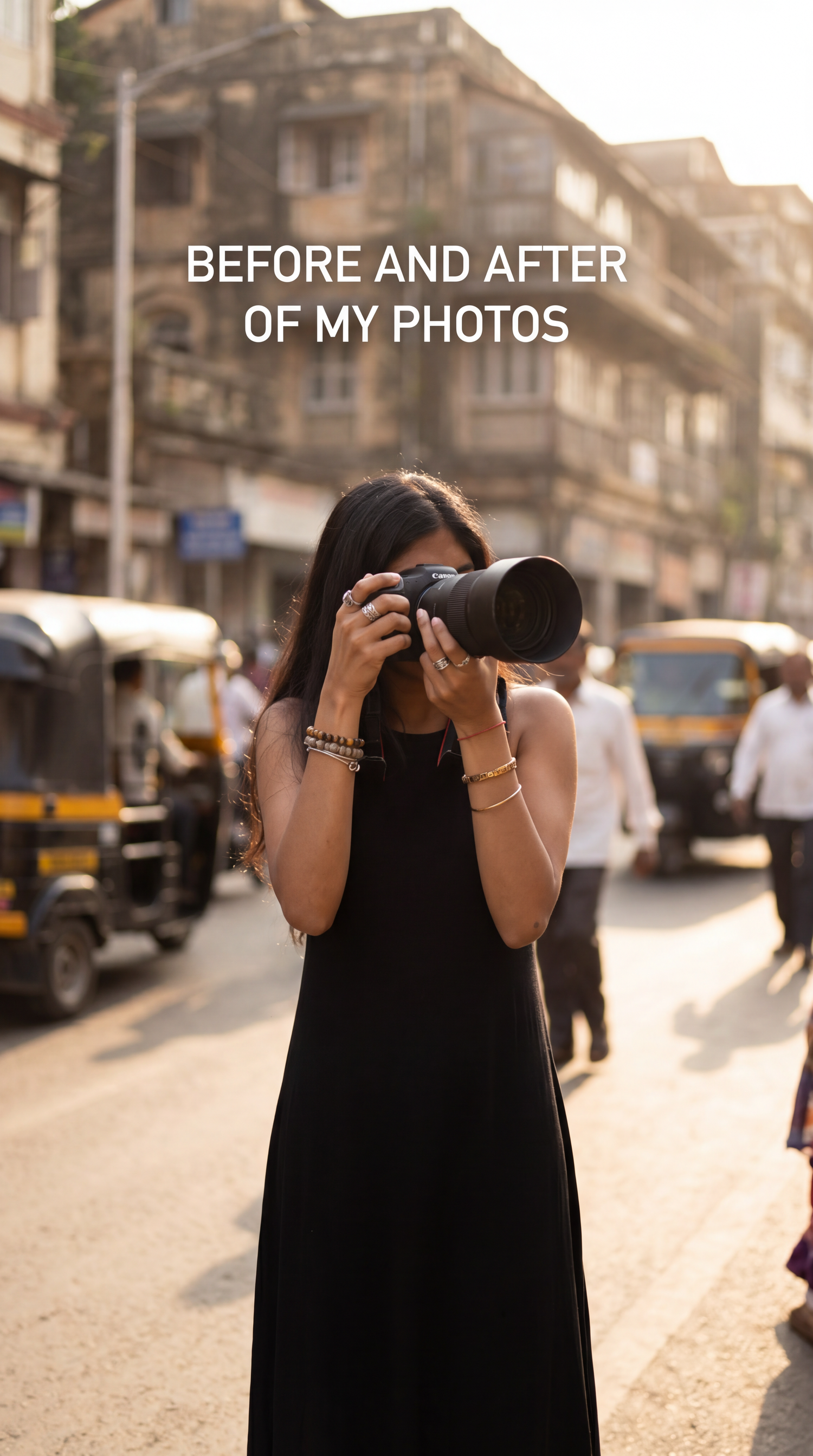 Woman in black dress photographing with a DSLR camera on a busy Indian street with auto-rickshaws.