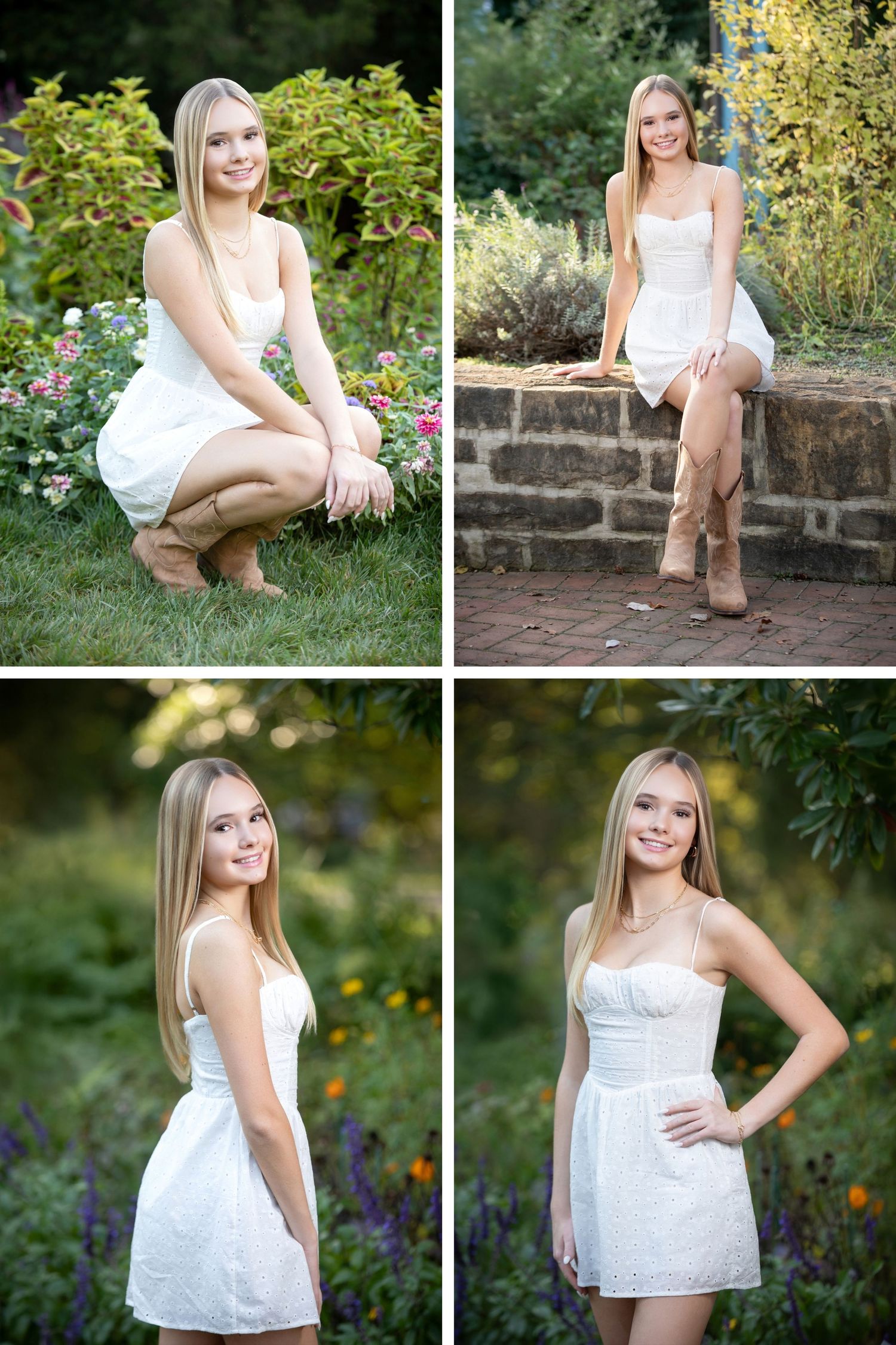 Olentangy Orange senior photos at Inniswoods featuring a white dress, garden flowers, stone paths, and lush natural scenery.