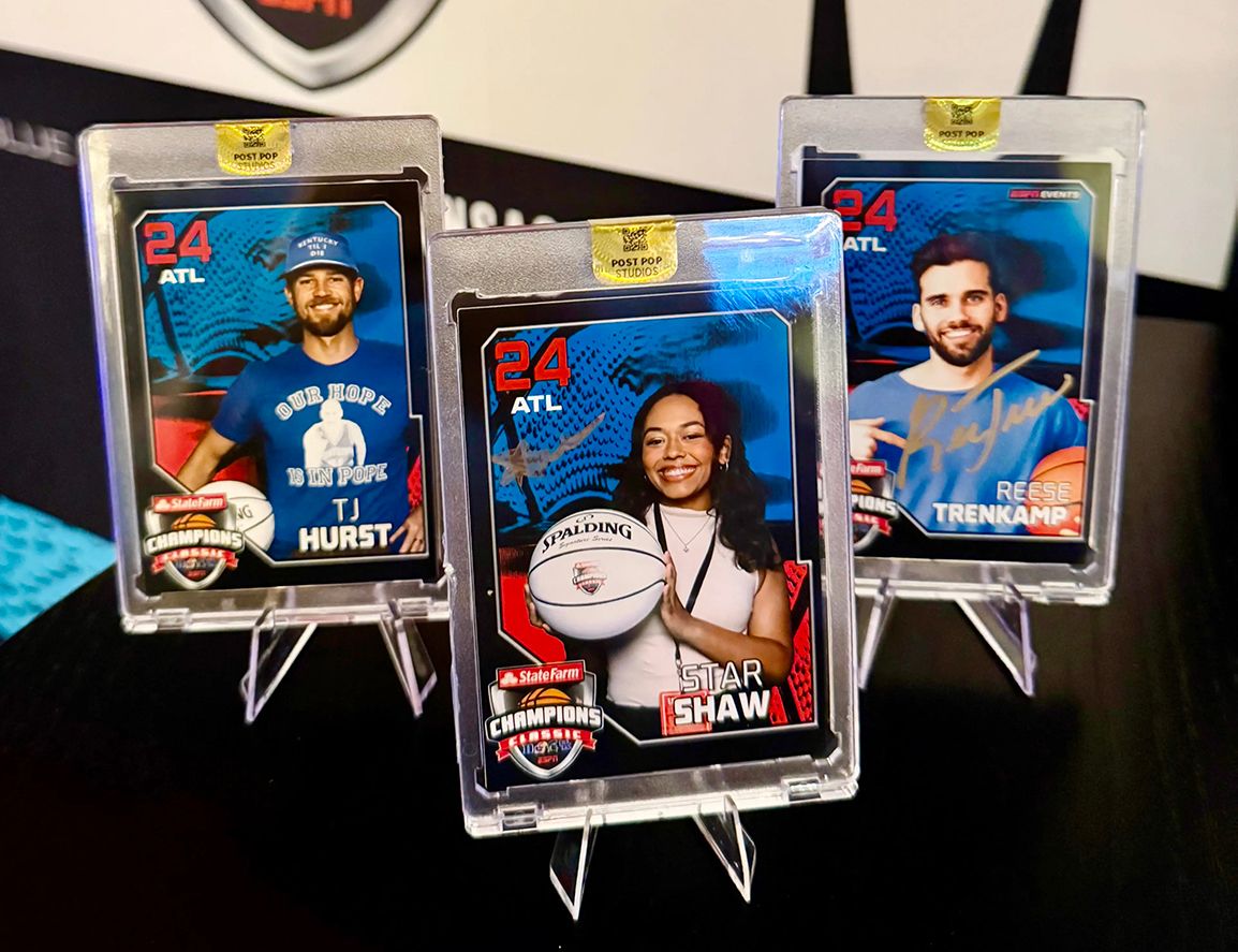 Three sports trading cards in protective cases featuring TJ Hurst, Omar Shaw, and Rene Trenwith with ATL team branding.