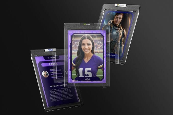 Three custom trading cards in protective cases featuring a female football player wearing number 15 in purple uniform.