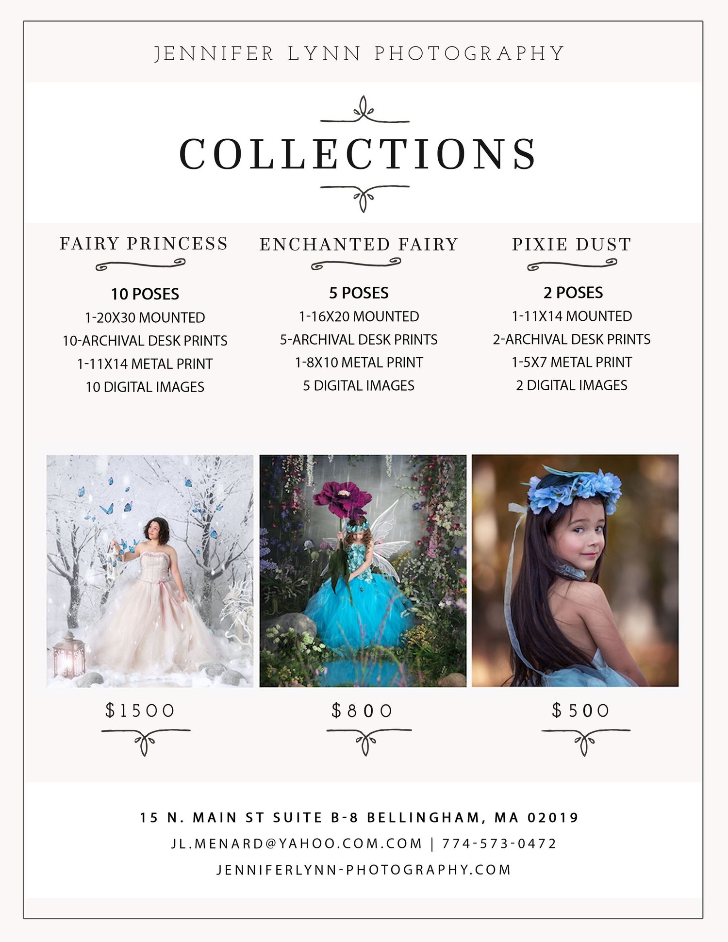 Jennifer Lynn Photography fairy tale princess collections pricing guide featuring enchanted fairy and pixie dust photo packages.