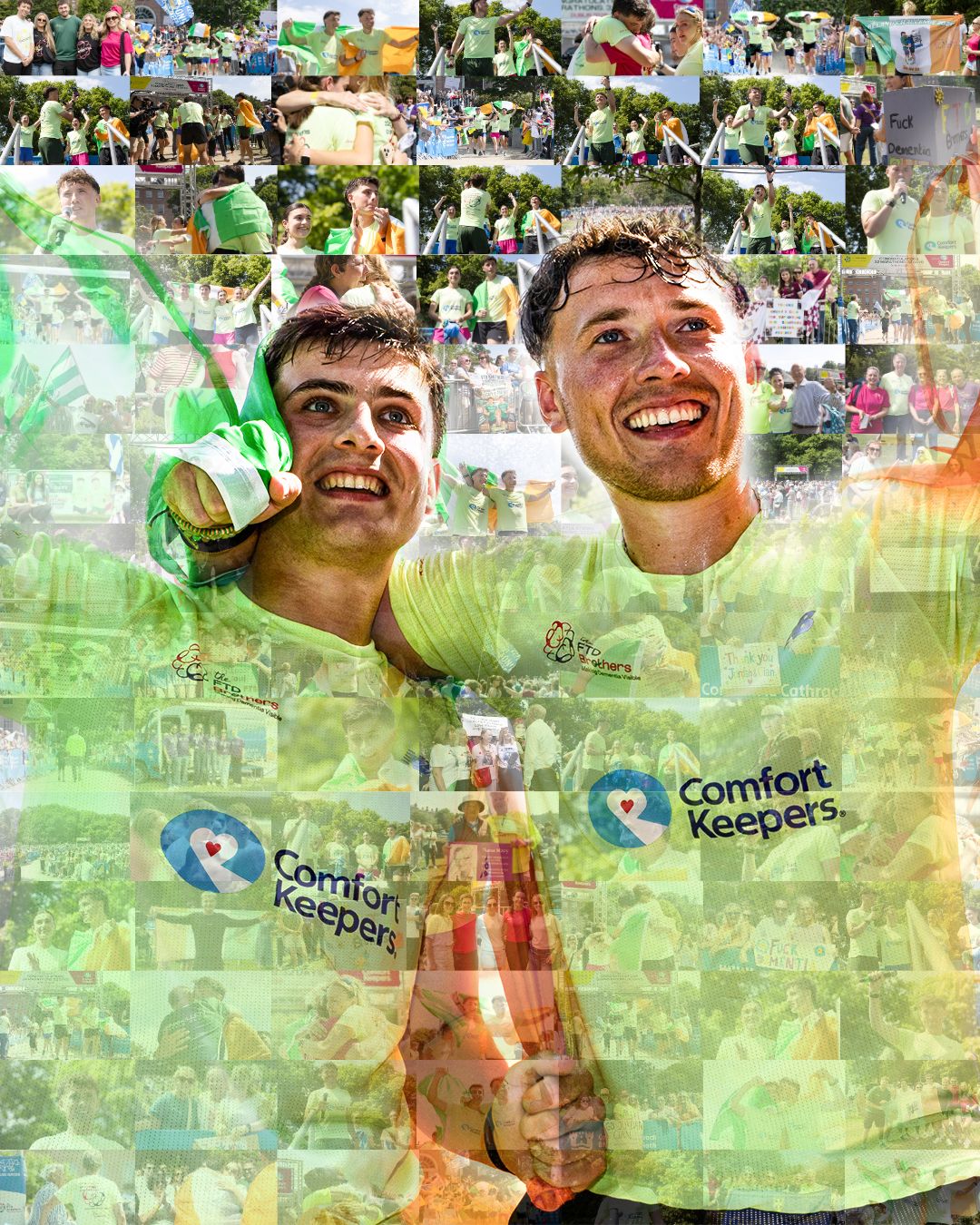 Two smiling men in Comfort Keepers green shirts celebrate outdoors at a community event with a photo collage background.