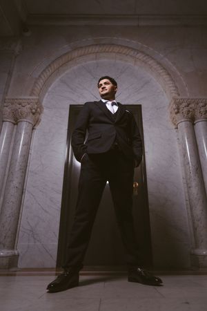 A confident man in a black tuxedo with bow tie stands in a marble archway with columns.