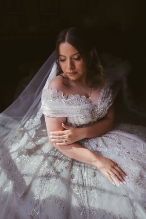 Bride in an off-shoulder beige lace ball gown with veil posing in dramatic lighting.