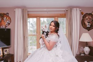 Bride in a white ball gown with veil holds a small dog, posing in a room with tiger and lion wall mounts.