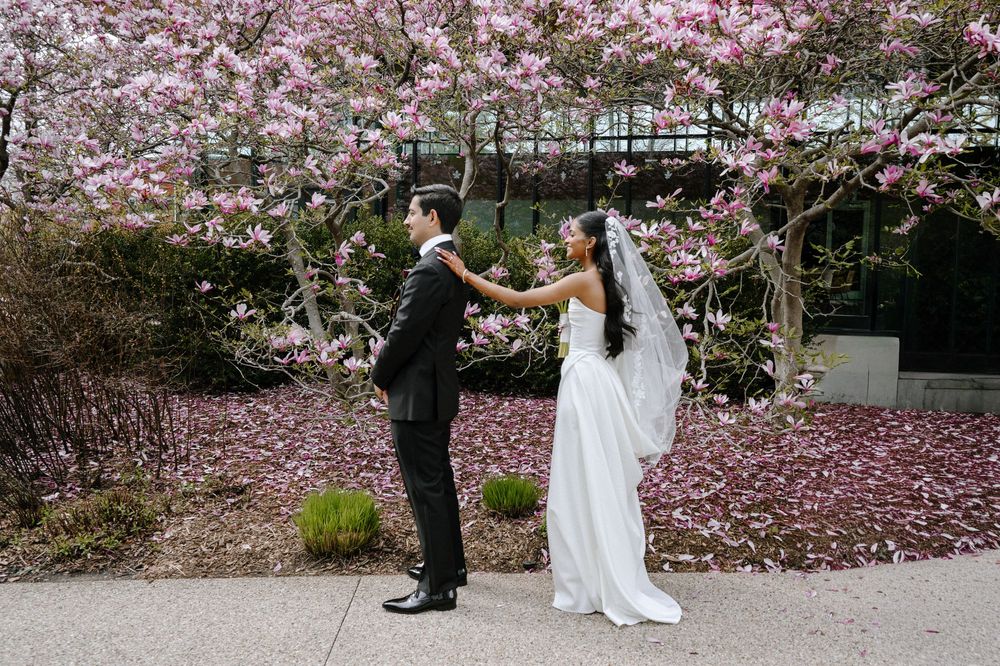 Bride and groom dancing under blooming pink magnolia tree in spring wedding photo.