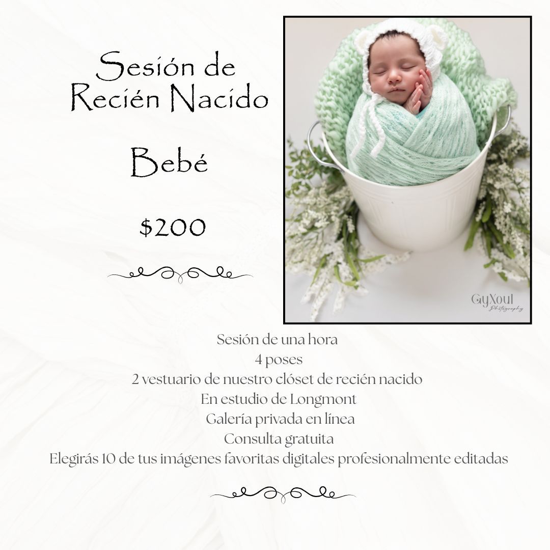 Newborn baby photography session promotional flyer in Spanish showing infant in bucket with yarn, priced at $200.