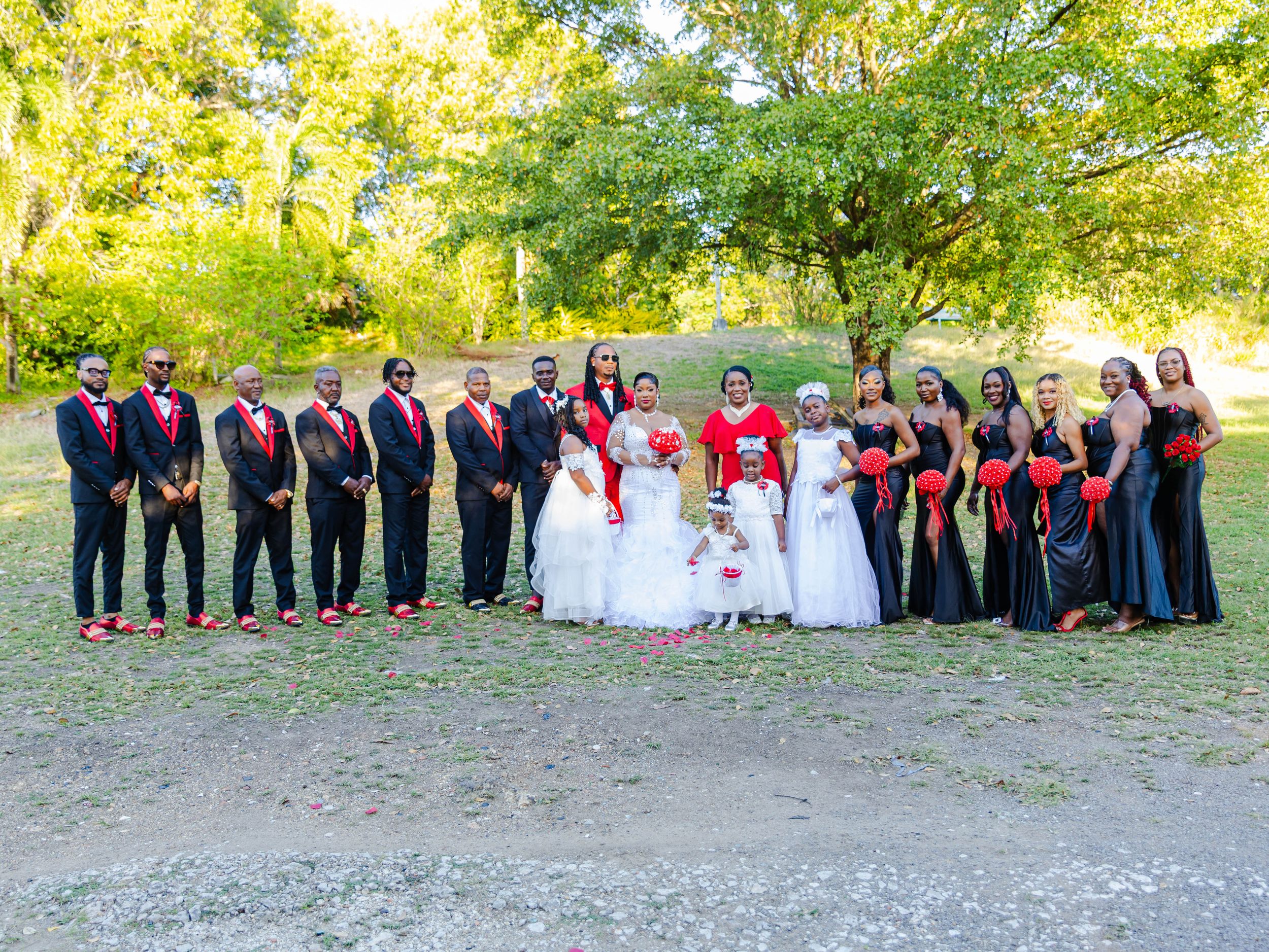 Wedding party in black and red attire poses outdoors, with bride and groom centered among groomsmen and bridesmaids.