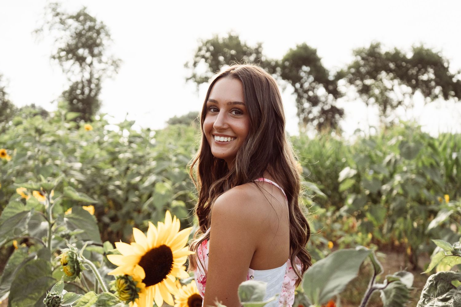 Smiling young woman holding a sunflower in a sunny sunflower field, wearing a floral dress.
