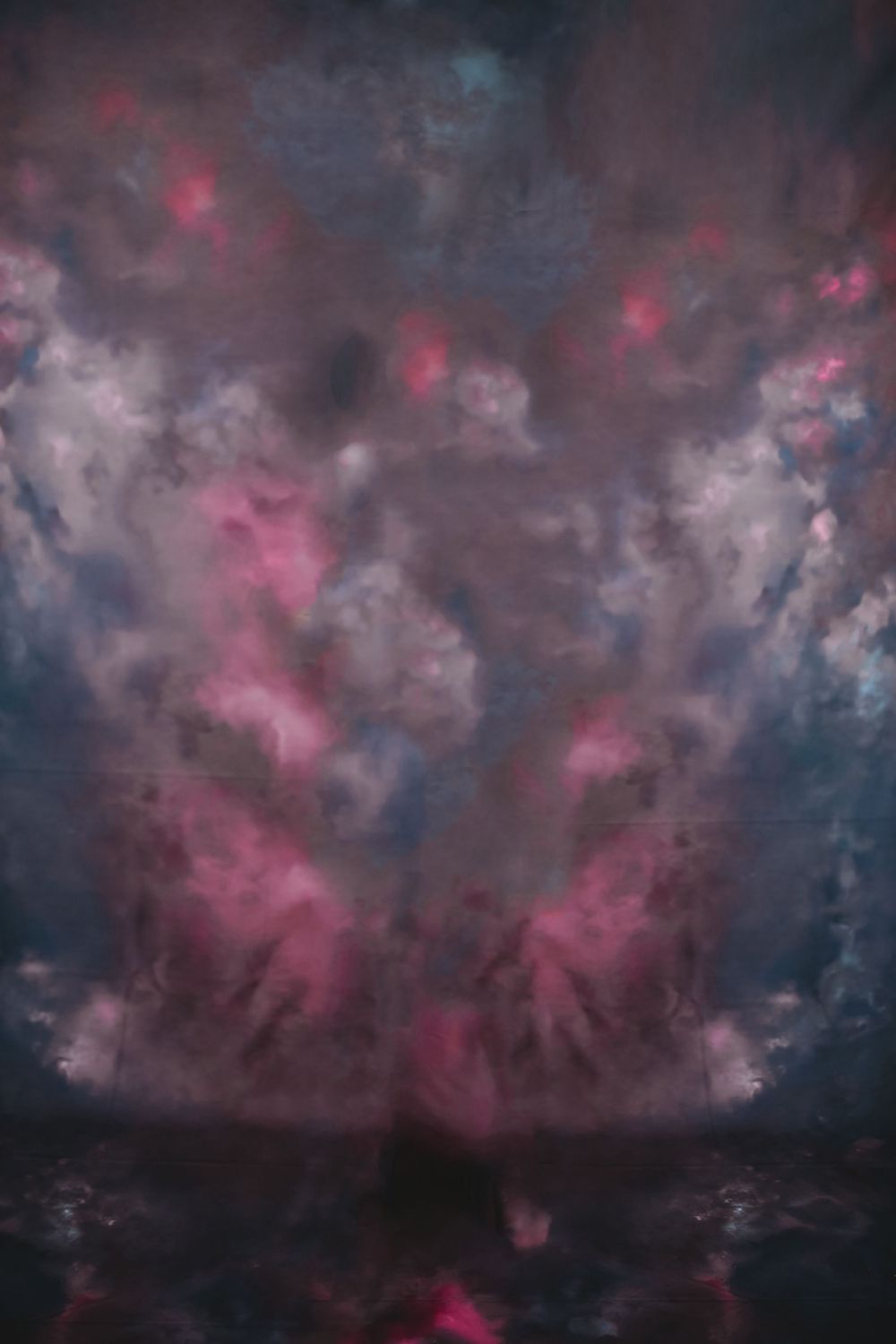 Abstract dark painting with swirling pink and blue clouds forming a symmetrical ethereal figure above a reflective surface.
