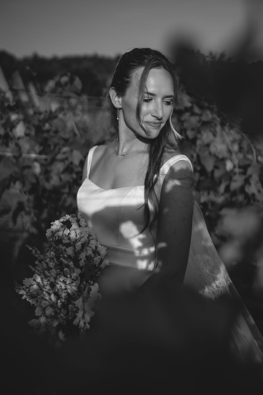 Black and white portrait of a bride holding a bouquet, standing among lush vineyard foliage in soft sunlight.