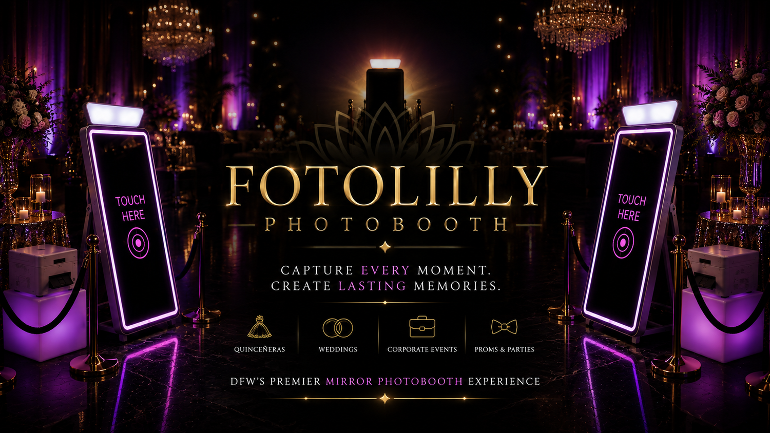 Interactive luxury Mirror Photobooth rental for proms galas weddings and Quinceañeras throughout Dallas Fort Worth Texas today