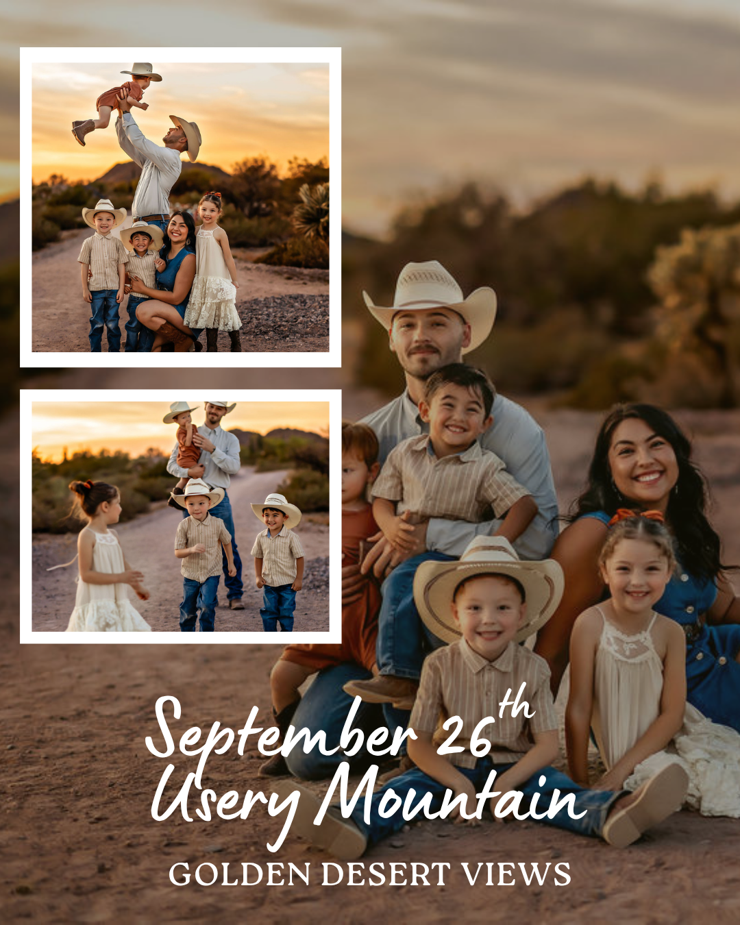 Family portrait session at Usery Mountain on September 26th, featuring golden desert views at sunset.